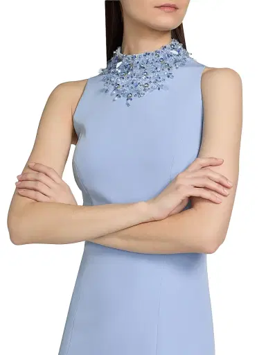 Teri Jon by Rickie Freeman Women's Crepe Beaded Neck Column Gown - Powder Blue - Size 18 | Thumbnail 6