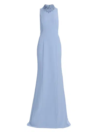 Teri Jon by Rickie Freeman Women's Crepe Beaded Neck Column Gown - Powder Blue - Size 18 | Thumbnail 1
