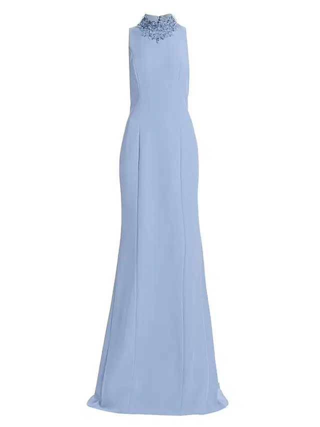 Teri Jon by Rickie Freeman Women's Crepe Beaded Neck Column Gown - Powder Blue