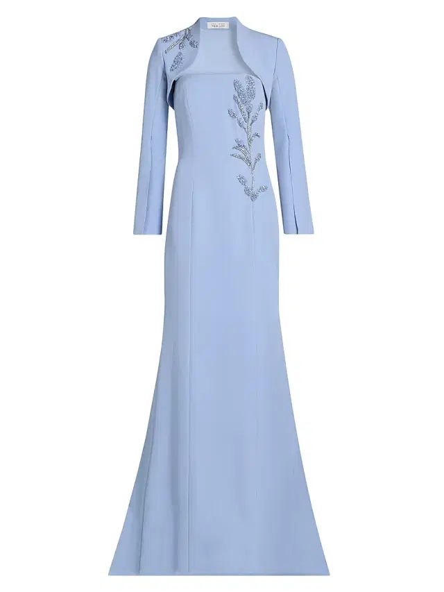 Teri Jon by Rickie Freeman Women's Crepe Beaded-Trim Bolero & Strapless Gown - Powder Blue