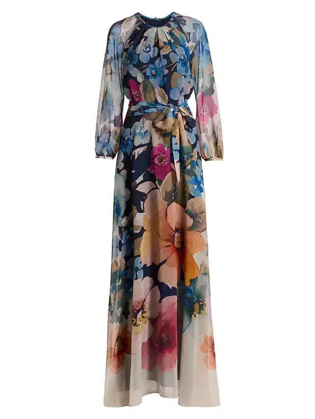 Teri Jon by Rickie Freeman Women's Floral Chiffon Maxi Gown - Blue Multi