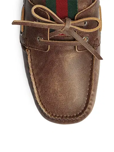 Gucci Men's Web Distressed Leather Boat Shoes | Thumbnail 5 Gucci Men's Web Distressed Leather Boat Shoes | Thumbnail 5