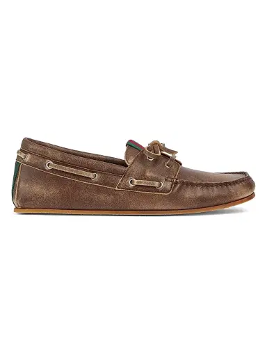 Gucci Men's Web Distressed Leather Boat Shoes | Thumbnail 1 Gucci Men's Web Distressed Leather Boat Shoes | Thumbnail 1