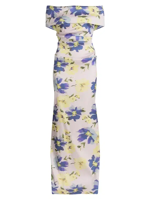 Teri Jon by Rickie Freeman Women's Mikado Floral Cuff Bodice Ruched Gown - Blush Multi