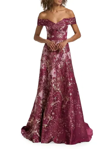 Rene Ruiz Collection Women's Brocade Off-the-Shoulder Gown - Pink Multi | Thumbnail 2