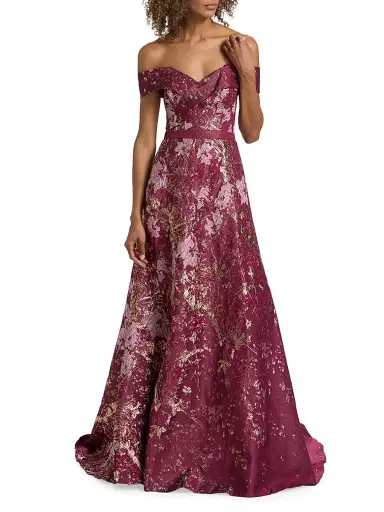 Rene Ruiz Collection Women's Brocade Off-the-Shoulder Gown - Pink Multi | Thumbnail 3