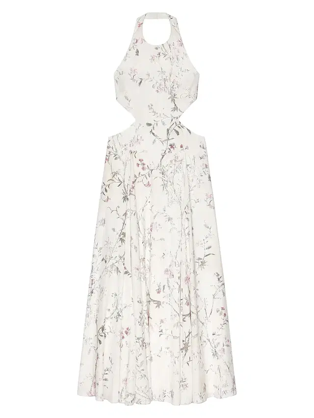 Women's Slashed Long Dress with Floral Print - White