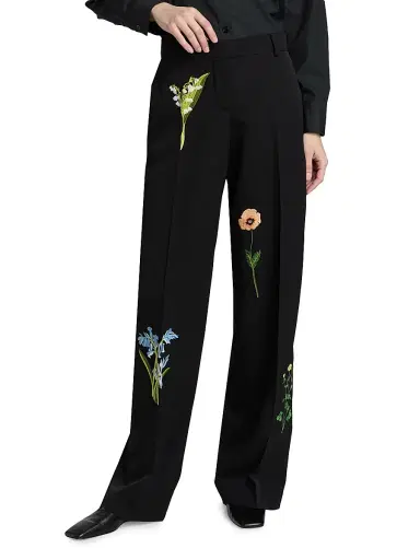 Stella McCartney Women's Embroidered Drop Waist Wide-Leg Wool Trousers - Black | Thumbnail 2