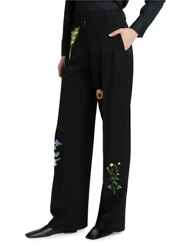 Stella McCartney Women's Embroidered Drop Waist Wide-Leg Wool Trousers - Black | Thumbnail 3