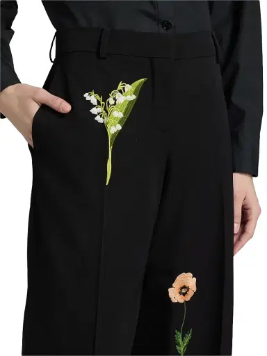 Stella McCartney Women's Embroidered Drop Waist Wide-Leg Wool Trousers - Black | Thumbnail 5