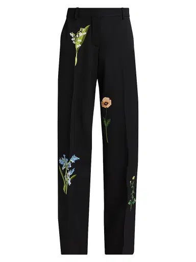 Stella McCartney Women's Embroidered Drop Waist Wide-Leg Wool Trousers - Black | Thumbnail 1