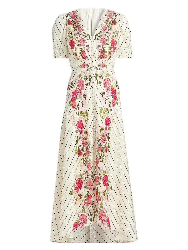 Saloni Women's Lea Floral Silk High-Low Maxi Dress - Rouge Polka Dot Plmt