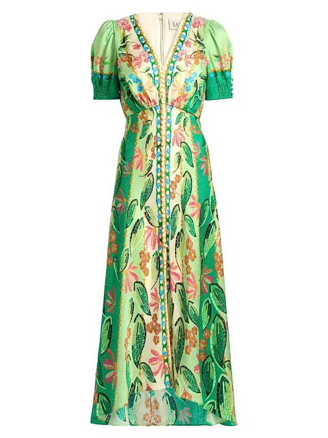 Saloni Women's Lea Printed Silk High-Low Maxi Dress - Terrazzo Jade Plmt