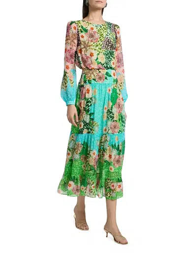 Saloni Women's Isabel Printed Midi-Dress - Plumeria Wave Plmt - Size 0 | Thumbnail 2
