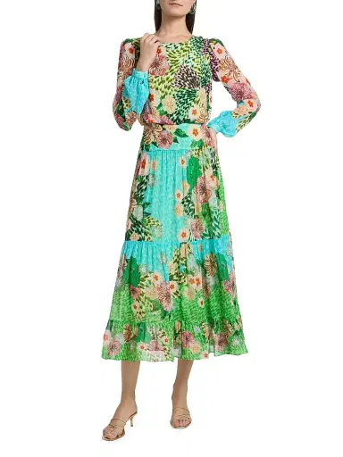 Saloni Women's Isabel Printed Midi-Dress - Plumeria Wave Plmt - Size 0 | Thumbnail 3