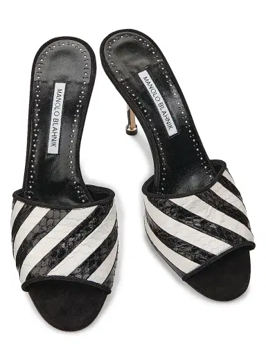 Manolo Blahnik Women's Larache 90MM Striped Snakeskin Stiletto Mules - Black And White | Thumbnail 4
