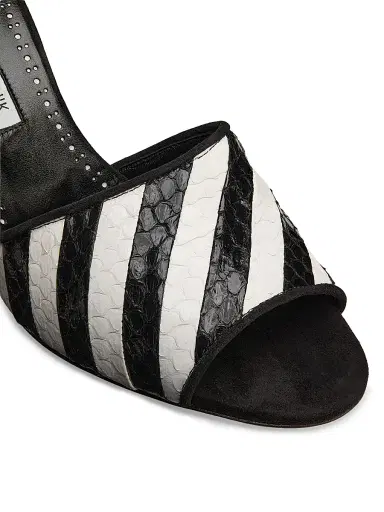 Manolo Blahnik Women's Larache 90MM Striped Snakeskin Stiletto Mules - Black And White | Thumbnail 5