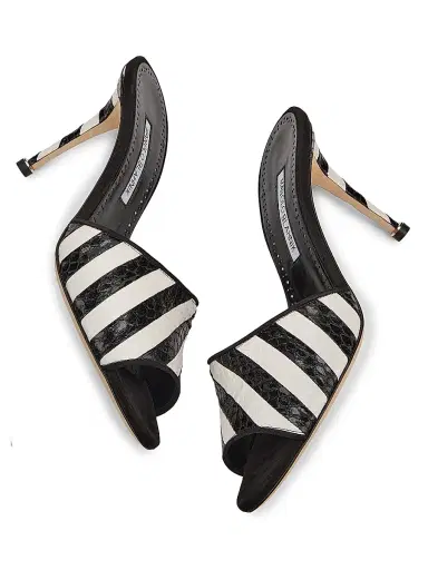 Manolo Blahnik Women's Larache 90MM Striped Snakeskin Stiletto Mules - Black And White | Thumbnail 6