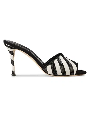 Manolo Blahnik Women's Larache 90MM Striped Snakeskin Stiletto Mules - Black And White | Thumbnail 1