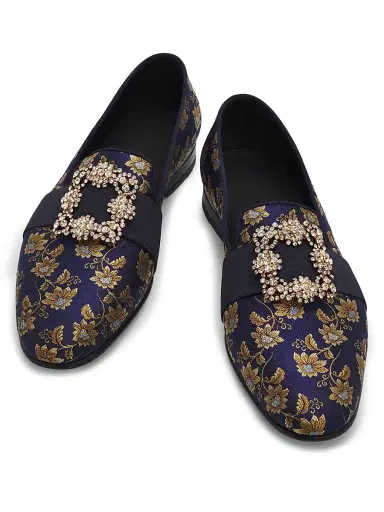 Manolo Blahnik Men's Carlton Crystal-Buckle Brocade Loafers - Navy Blue - Size 8 | Thumbnail 4 Manolo Blahnik Men's Carlton Crystal-Buckle Brocade Loafers - Navy Blue - Size 8 | Thumbnail 4