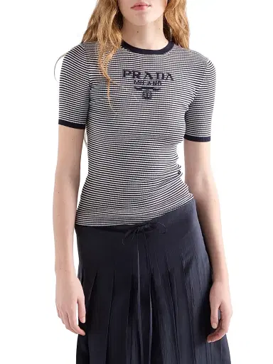 Prada Women's Striped Silk Crew-Neck Sweater - Blue - Size 12 | Thumbnail 2