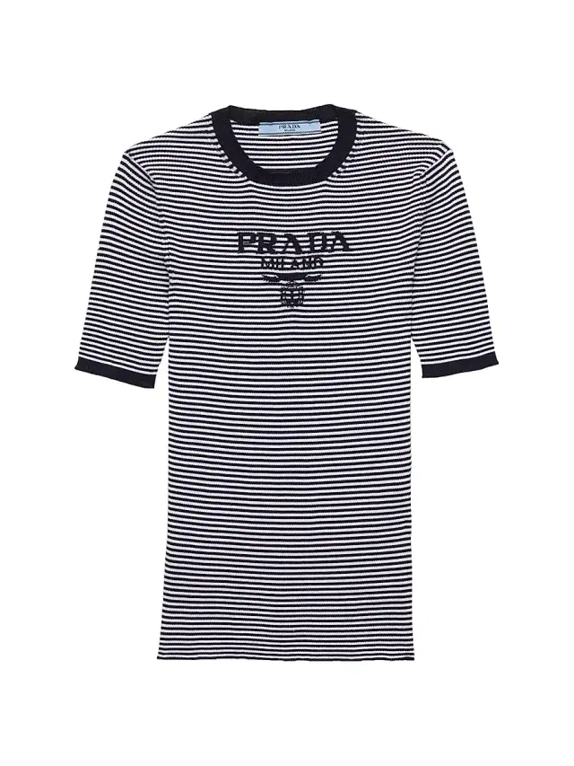 Prada Women's Striped Silk Crew-Neck Sweater - Blue