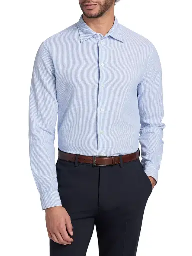 Emporio Armani Men's Pinstriped Linen-Cotton Button-Front Shirt - Light Blue Fancy - Size Large | Thumbnail 3 Emporio Armani Men's Pinstriped Linen-Cotton Button-Front Shirt - Light Blue Fancy - Size Large | Thumbnail 3