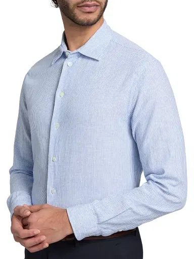 Emporio Armani Men's Pinstriped Linen-Cotton Button-Front Shirt - Light Blue Fancy - Size Large | Thumbnail 6 Emporio Armani Men's Pinstriped Linen-Cotton Button-Front Shirt - Light Blue Fancy - Size Large | Thumbnail 6
