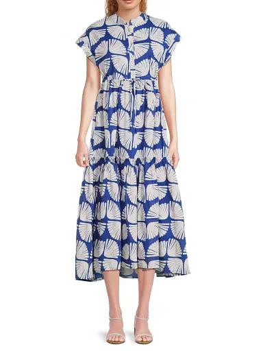 Ro's Garden Women's Mumi Geometric-Print Cotton Midi-Dress - Kyle Blue - Size Small | Thumbnail 3 Ro's Garden Women's Mumi Geometric-Print Cotton Midi-Dress - Kyle Blue - Size Small | Thumbnail 3