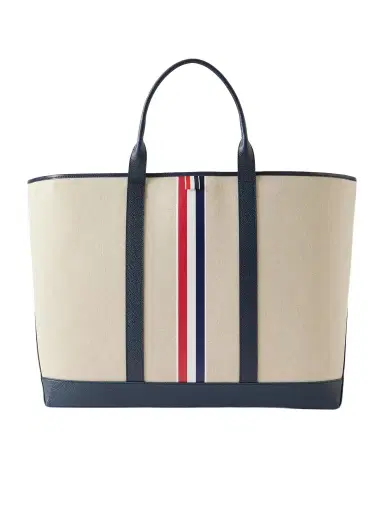 Thom Browne Full-Grain Leather-Trimmed Cotton-Canvas Tote Bag - Men | Thumbnail 1 Thom Browne Full-Grain Leather-Trimmed Cotton-Canvas Tote Bag - Men | Thumbnail 1