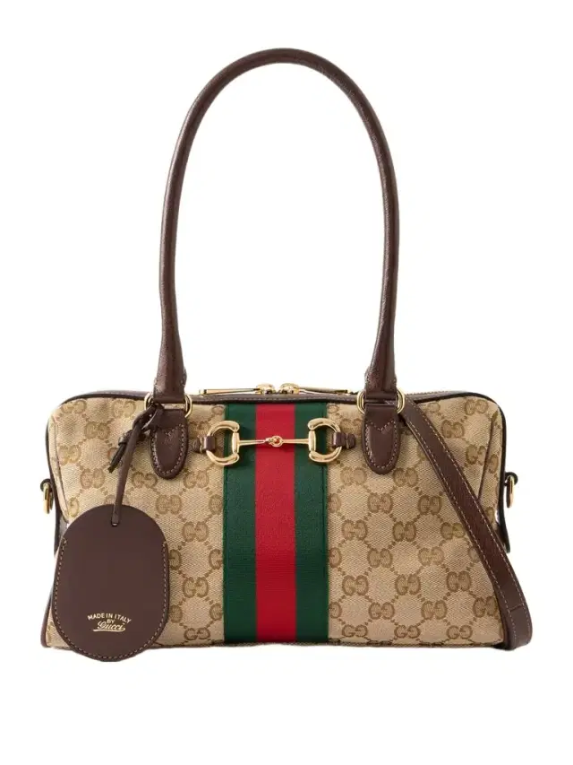 Borsetto Medium Leather And Webbing-trimmed Canvas-jacquard Shoulder Bag
