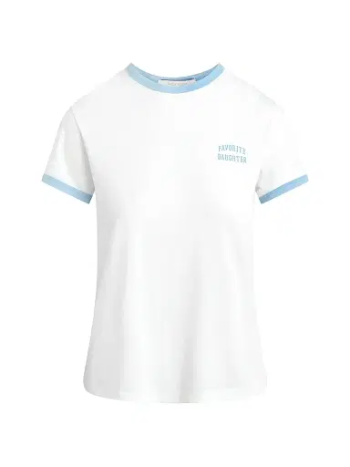 Favorite Daughter Women's The Collegiate Chest Logo Ringer T-Shirt - White Sea Blue - Size Large | Thumbnail 1 Favorite Daughter Women's The Collegiate Chest Logo Ringer T-Shirt - White Sea Blue - Size Large | Thumbnail 1