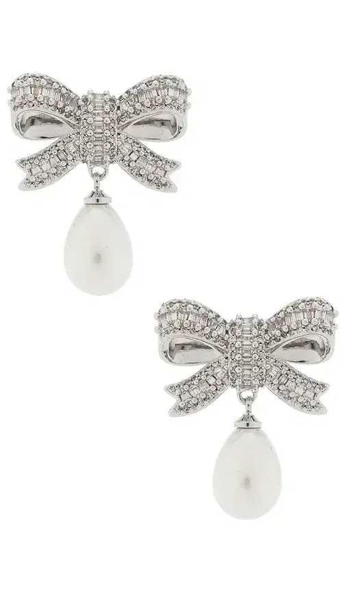 self-portrait Crystal Bow Pearl Droplet Earrings