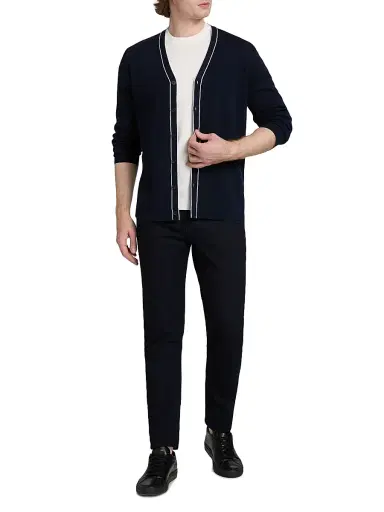 Saks Fifth Avenue Men's COLLECTION Tipped Wool Long-Sleeve Cardigan - Navy - Size XXL | Thumbnail 2