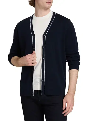 Saks Fifth Avenue Men's COLLECTION Tipped Wool Long-Sleeve Cardigan - Navy - Size XXL | Thumbnail 3