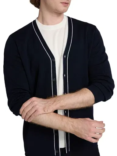 Saks Fifth Avenue Men's COLLECTION Tipped Wool Long-Sleeve Cardigan - Navy - Size XXL | Thumbnail 6