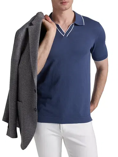 Saks Fifth Avenue Men's COLLECTION Tipped Johnny Collar Cotton Shirt - Blue Dark - Size XXL | Thumbnail 3