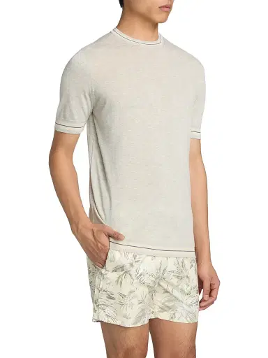 Saks Fifth Avenue Men's Striped-Trim Cotton-Silk Short-Sleeve Sweater - Grey Blue - Size XXL | Thumbnail 4