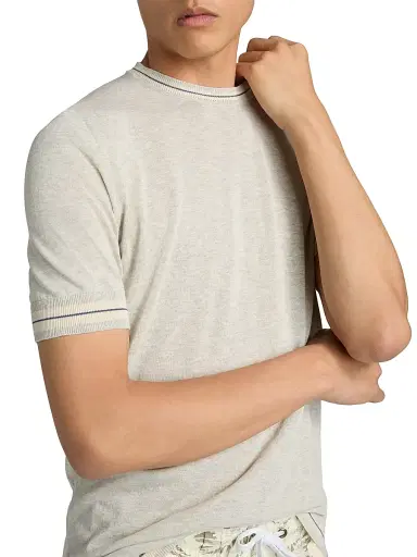 Saks Fifth Avenue Men's Striped-Trim Cotton-Silk Short-Sleeve Sweater - Grey Blue - Size XXL | Thumbnail 6