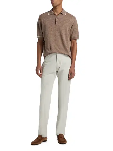 Saks Fifth Avenue Men's COLLECTION Tipped Linen-Cotton Knit Polo Shirt - Brown White - Size XL | Thumbnail 2