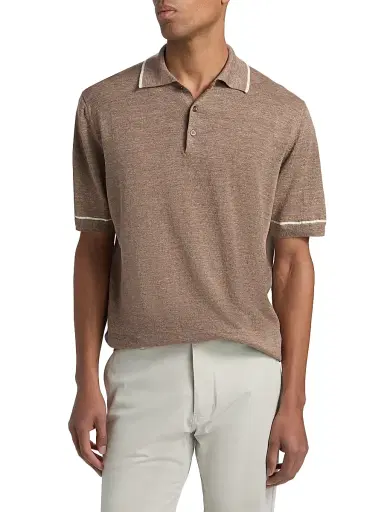 Saks Fifth Avenue Men's COLLECTION Tipped Linen-Cotton Knit Polo Shirt - Brown White - Size XL | Thumbnail 3