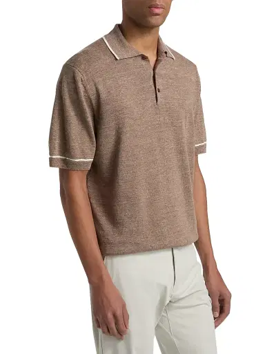 Saks Fifth Avenue Men's COLLECTION Tipped Linen-Cotton Knit Polo Shirt - Brown White - Size XL | Thumbnail 4