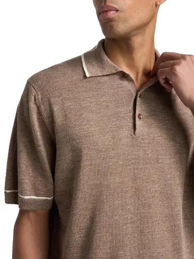 Saks Fifth Avenue Men's COLLECTION Tipped Linen-Cotton Knit Polo Shirt - Brown White - Size XL | Thumbnail 6