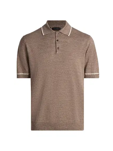 Saks Fifth Avenue Men's COLLECTION Tipped Linen-Cotton Knit Polo Shirt - Brown White - Size XL | Thumbnail 1