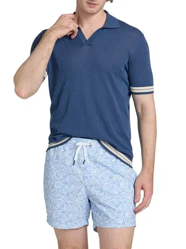 Saks Fifth Avenue Men's Striped-Trim Johnny Collar Polo Shirt - Blue - Size XXL | Thumbnail 3