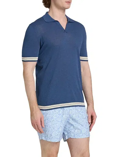 Saks Fifth Avenue Men's Striped-Trim Johnny Collar Polo Shirt - Blue - Size XXL | Thumbnail 4