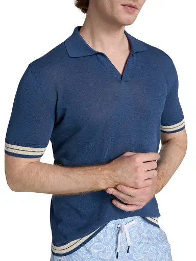 Saks Fifth Avenue Men's Striped-Trim Johnny Collar Polo Shirt - Blue - Size XXL | Thumbnail 6