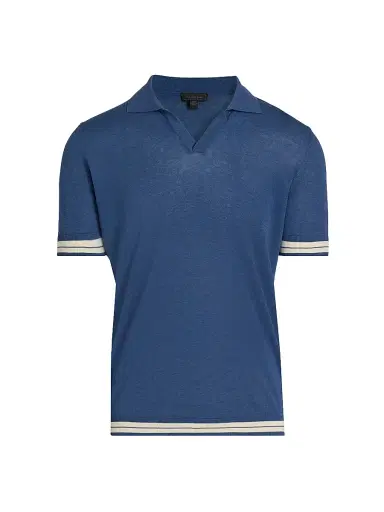 Saks Fifth Avenue Men's Striped-Trim Johnny Collar Polo Shirt - Blue - Size XXL | Thumbnail 1
