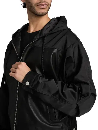 EZR Men's Mixed-Media Leather Zip-Front Hoodie - Black | Thumbnail 6 EZR Men's Mixed-Media Leather Zip-Front Hoodie - Black | Thumbnail 6