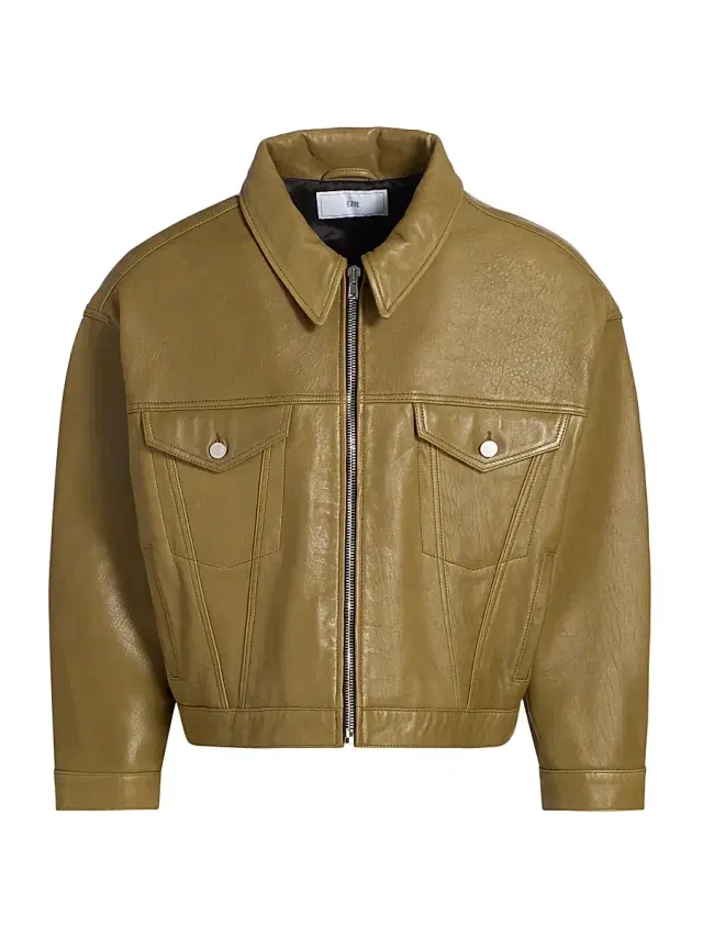 EZR Men's Leather Trucker Jacket - Bubble Olive